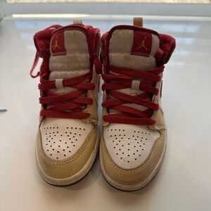 Nike Air Jordan 1 Mid Light Curry Cardinal Red White. Kids Unisex  size 13
